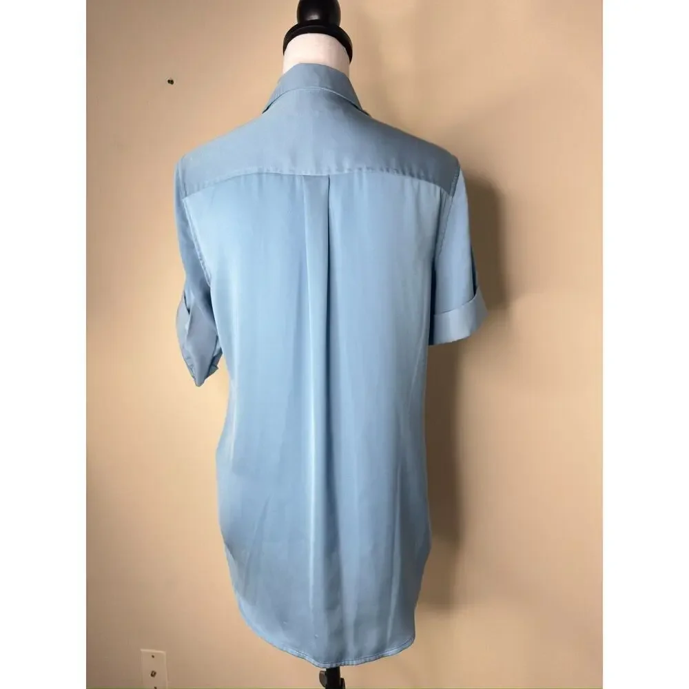 Equipment Femme Satin Shortsleeve Button Shirt Blue Preppy Office Old Money Chic - Picture 3 of 11